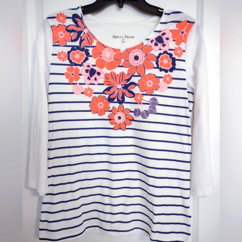 Beautiful Blue Striped White Blouse with Orange & Blue Flowers with sleeves.
